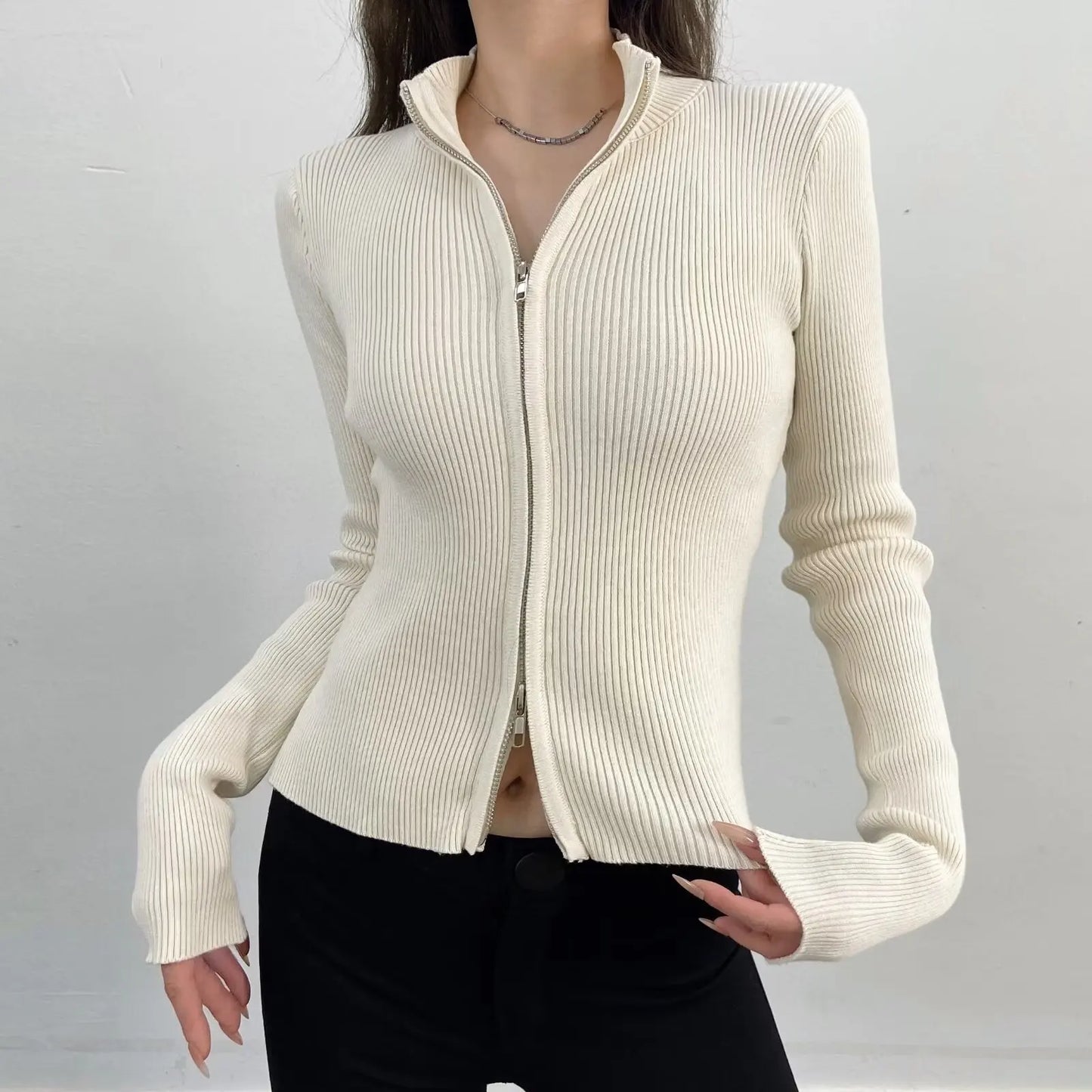 Slim Fit American Style Knitted Cardigan Women's Double Zipper Open Front Pure Desire Autumn Fashion Outerwear BM Style