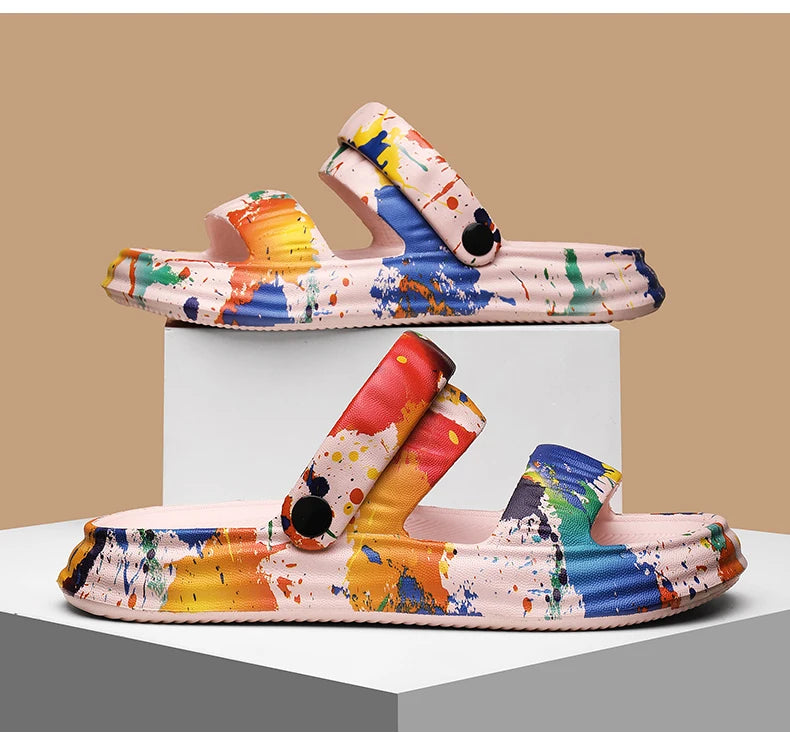 2024 New Thick-soled EVA Cave Shoes Women's Summer Wear Non-slip Beach Soft-soled Semi-Slippers Fashion Printed Sandals