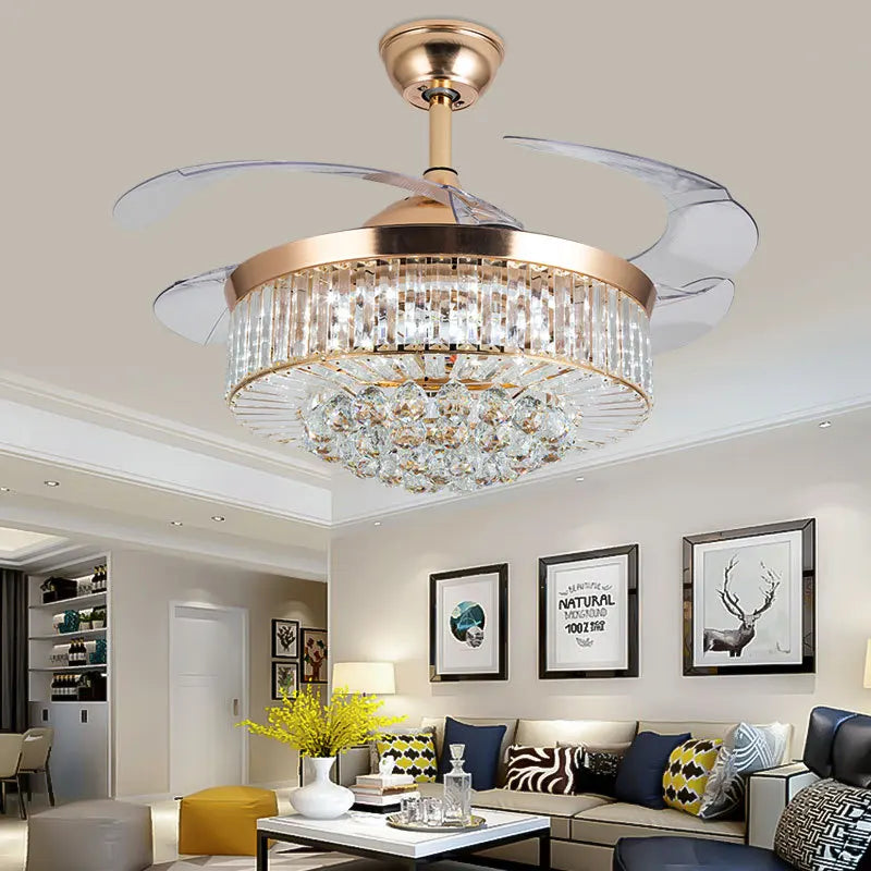 Reversible Chandelier Crystal Ceiling Dimming Modern Ceiling Fan Remote Control Retractable Invisible Blades  Fan with Stepless