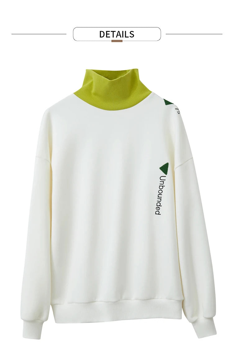 AMII Minimalist Preppy Style Embroidery Sweatshirt Women 2024 Autumn Lazy Loose Spliced Turtleneck Velvet Pullovers 12333011