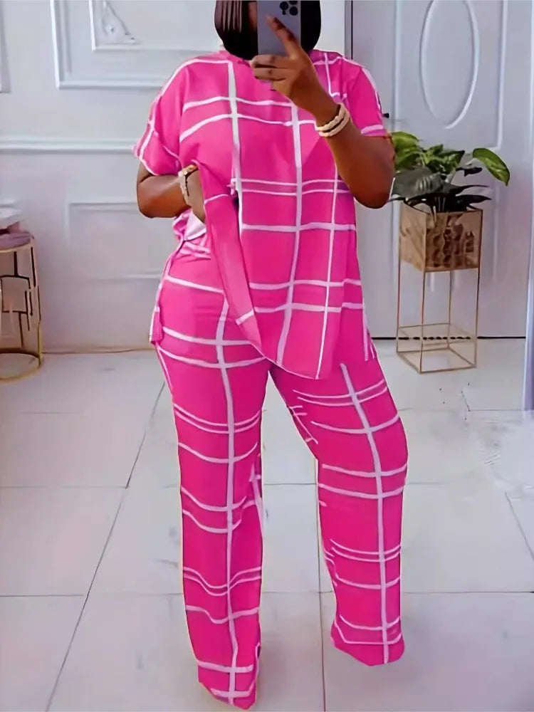 Spring Autumn New Women's Fashion Elements Striped Grid Printed Casual Round Neck Large Comfortable Two Piece Set