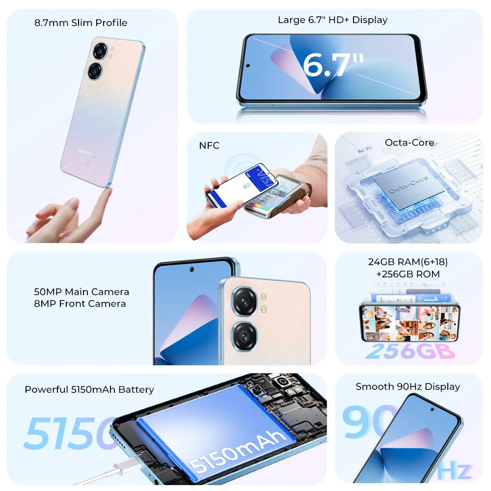Oukitel C58 PRO smartphone 5150mAh Battery 24(6+18)GB+256GB 50MP Main Camera 6.7" HD+ Display