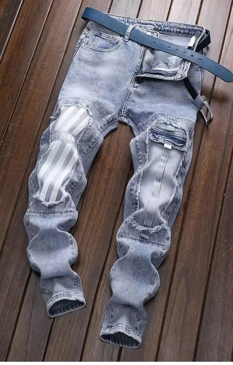 New Spring Autumn Wash Denim Korean Style Blue Designer Cowboy Cycling Motorcycle Splice Vintage Cargo Strech Pant Jean Trousers
