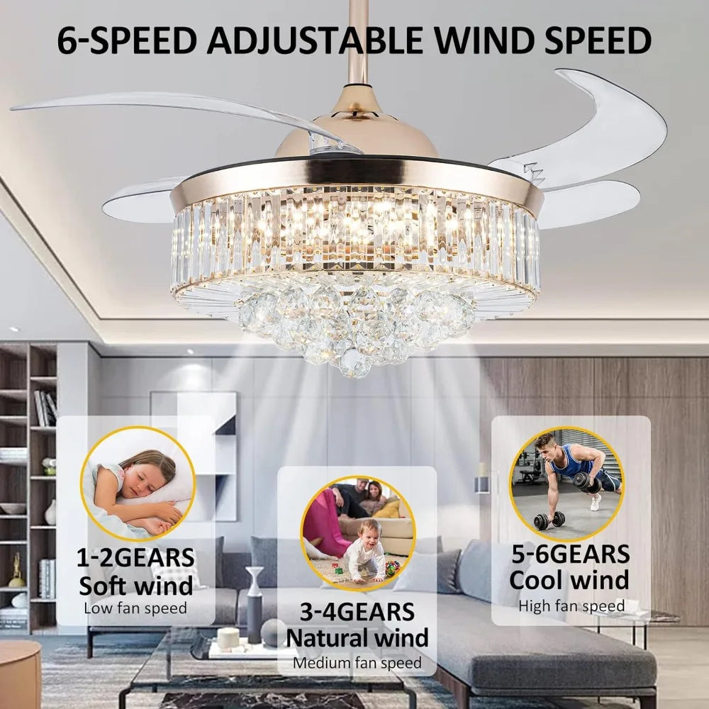 Reversible Chandelier Crystal Ceiling Dimming Modern Ceiling Fan Remote Control Retractable Invisible Blades  Fan with Stepless