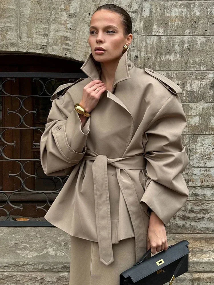 Solid Laepl Lace Up Trench Coat Women Fashion Full Sleeve Waist Cinching Short Windbreak 2025 New Autumn office commute outwear