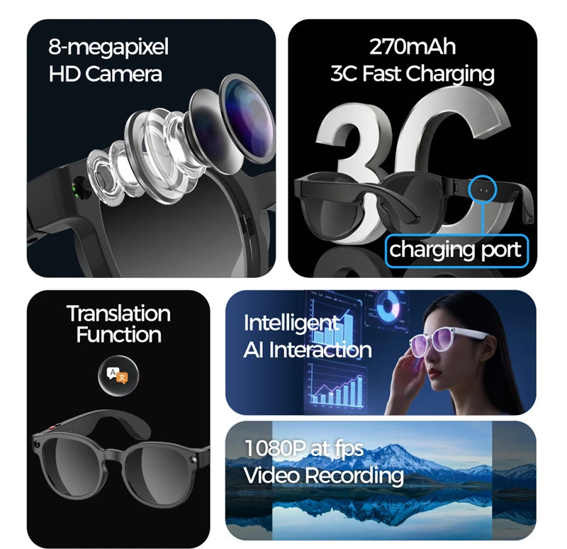 For Men Women Ai Smart Glasses 8MP 4k HD Camera Glasses AI Wake-up Bluetooth Music Audio Sunglass Language Translation