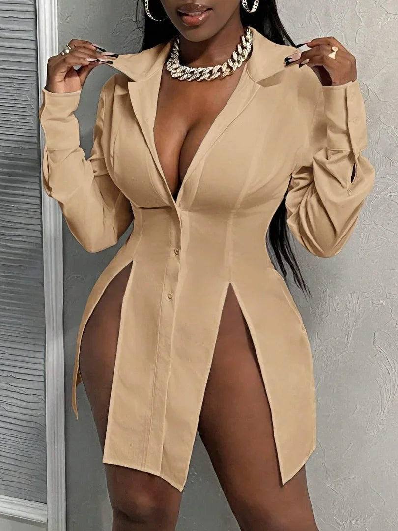 Fashionable Casual Slim Fit Long Sleeve Ladies Shirt Button Placket Split Hem Collared Top Women's Clothing Polyester Cotton