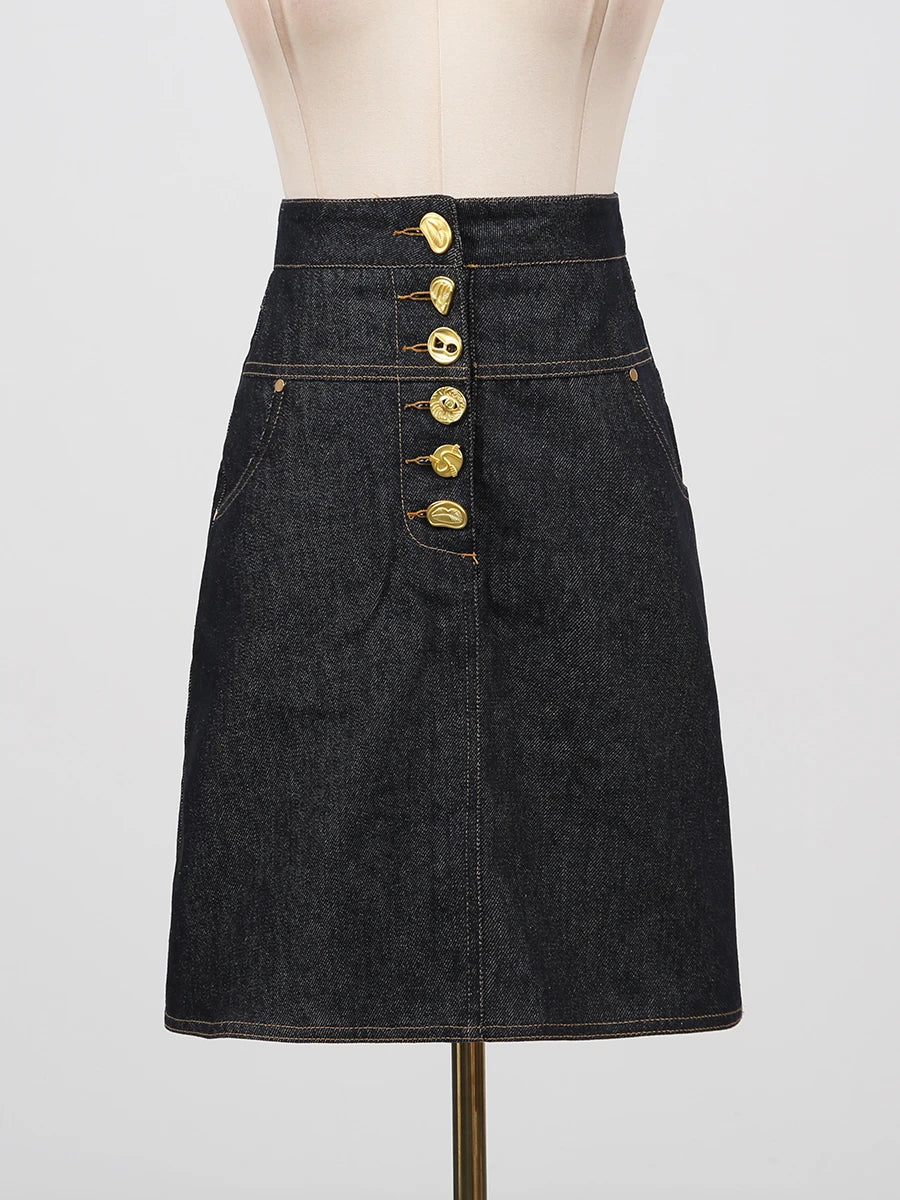 VGH Designer Solid Slimming Denim Skirts For Women High Waist Patchwork Button Spring Temperament Skirt Female Fashion Style New