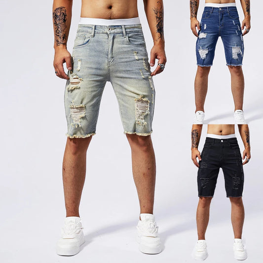 2025 Summer New Men's Ripped Denim Shorts Fashion Vintage Hole Streetwear Stretch Slim Knee-length Short Pants Trendy Brand Male