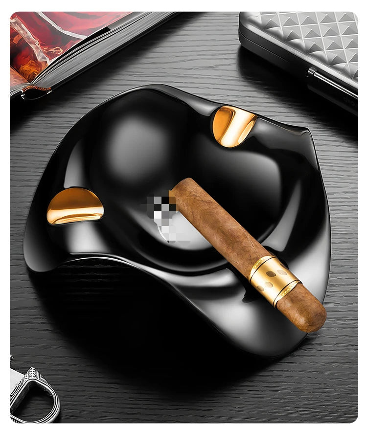Triangular Ceramic Cigar Ashtray, Wave Design Multi-Caliber Smoke Groove