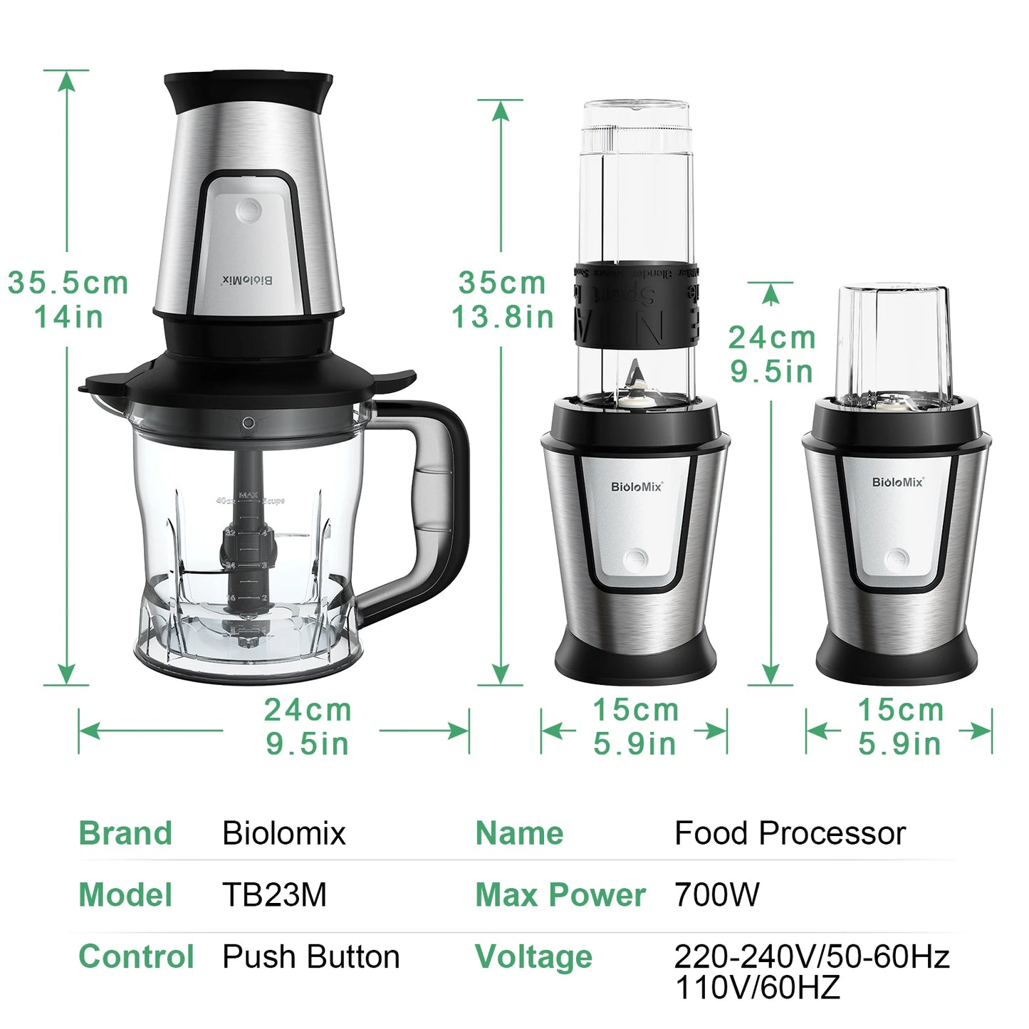 BioloMix 700W Compact Kitchen Blender 3-in-1 Juicer Food Processor and Dry Grinder Perfect for Making Fresh Juices Dips