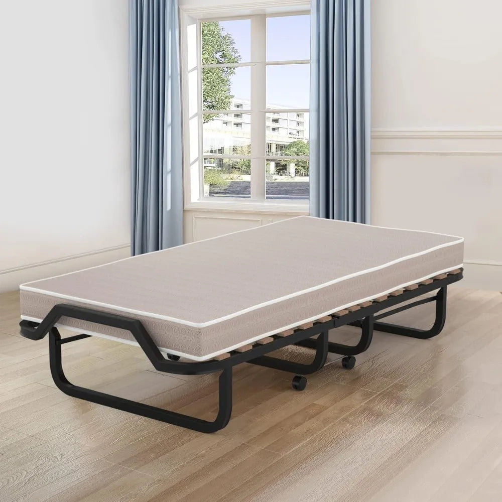 Folding Bed with 4 Inch Mattress, Foldable Rollaway Bed with Memory Foam Mattress for Adults, Portable Fold Up Guest Bed