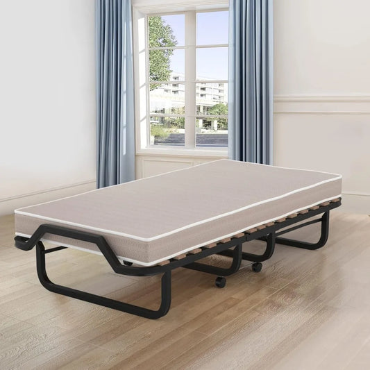 Folding Bed with 4 Inch Mattress, Foldable Rollaway Bed with Memory Foam Mattress for Adults, Portable Fold Up Guest Bed