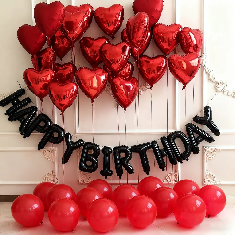 Black Happy Birthday Balloon Set Red Heart Balloon Bow Aluminum Film Balloon for Birthday Party Decoration Photography Props