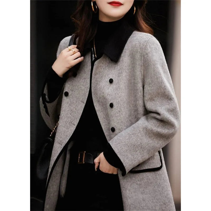 New High Quality Woolen Coat Female Autumn Winter Fashion Korean Slim Casual Versatile Style Contrast Color Wool Overcoat Women