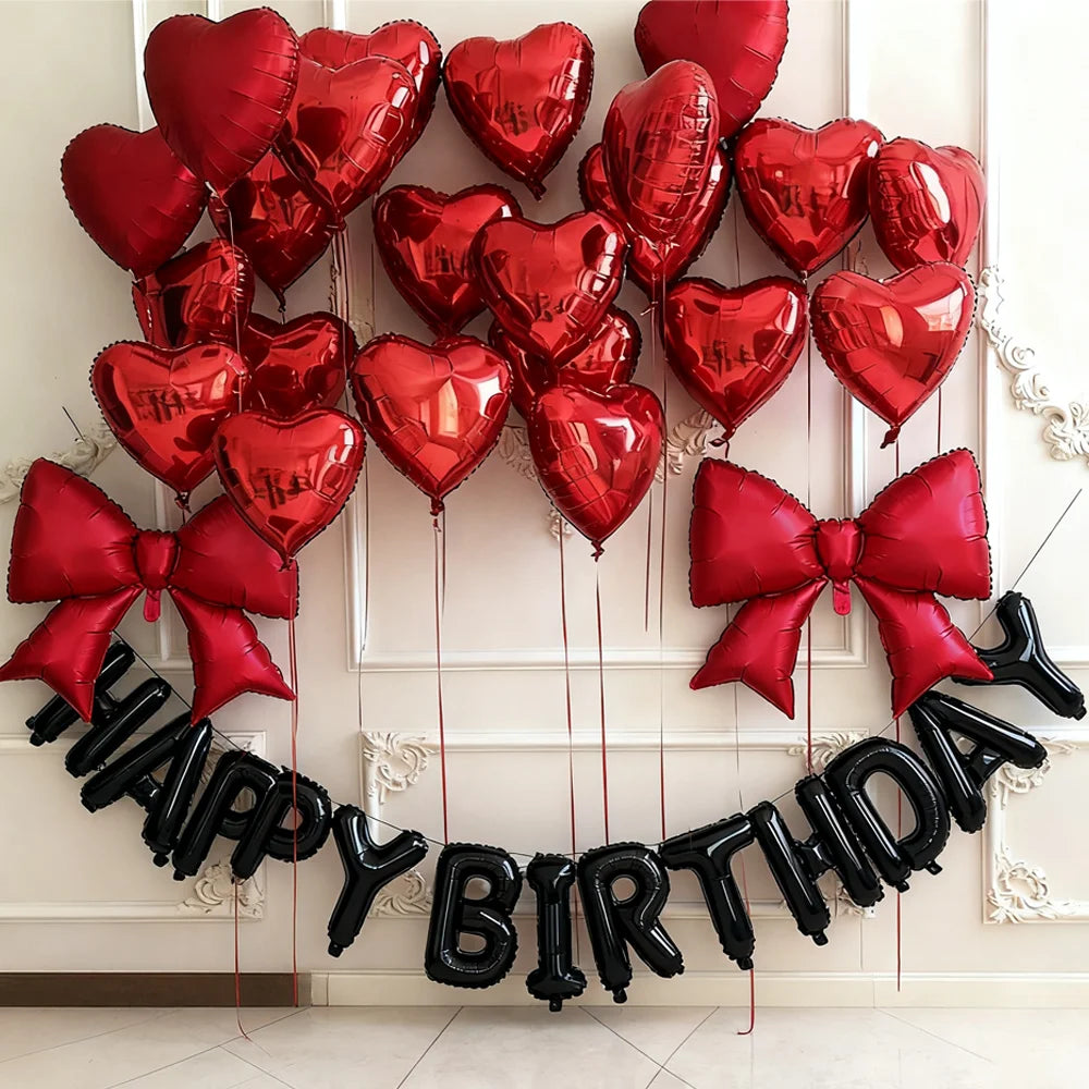 Black Happy Birthday Balloon Set Red Heart Balloon Bow Aluminum Film Balloon for Birthday Party Decoration Photography Props