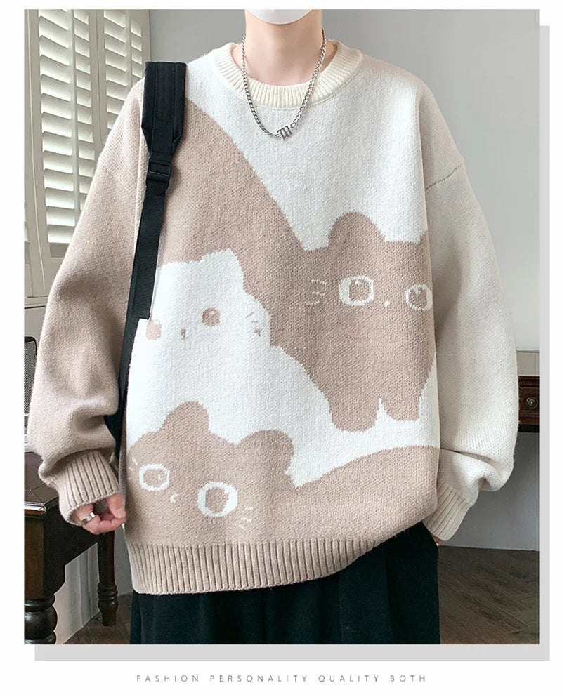 Winter Men's Anime Cat Jacquard Crewneck Knitted Sweaters Hip Hop Fashion Graphic Printed Y2K Jumpers Streetwear Knit Pullovers