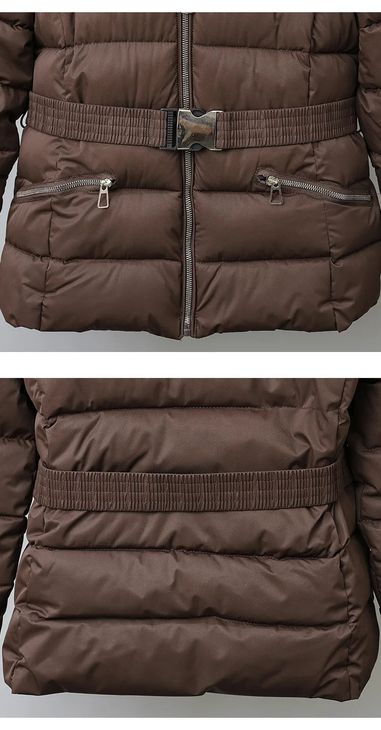 Winter Large Fur Coat Women With Belt Hooded Fur Collar Puffer Jacket Women New Warm Loose Parka Ladies Cotton Padded Overwear