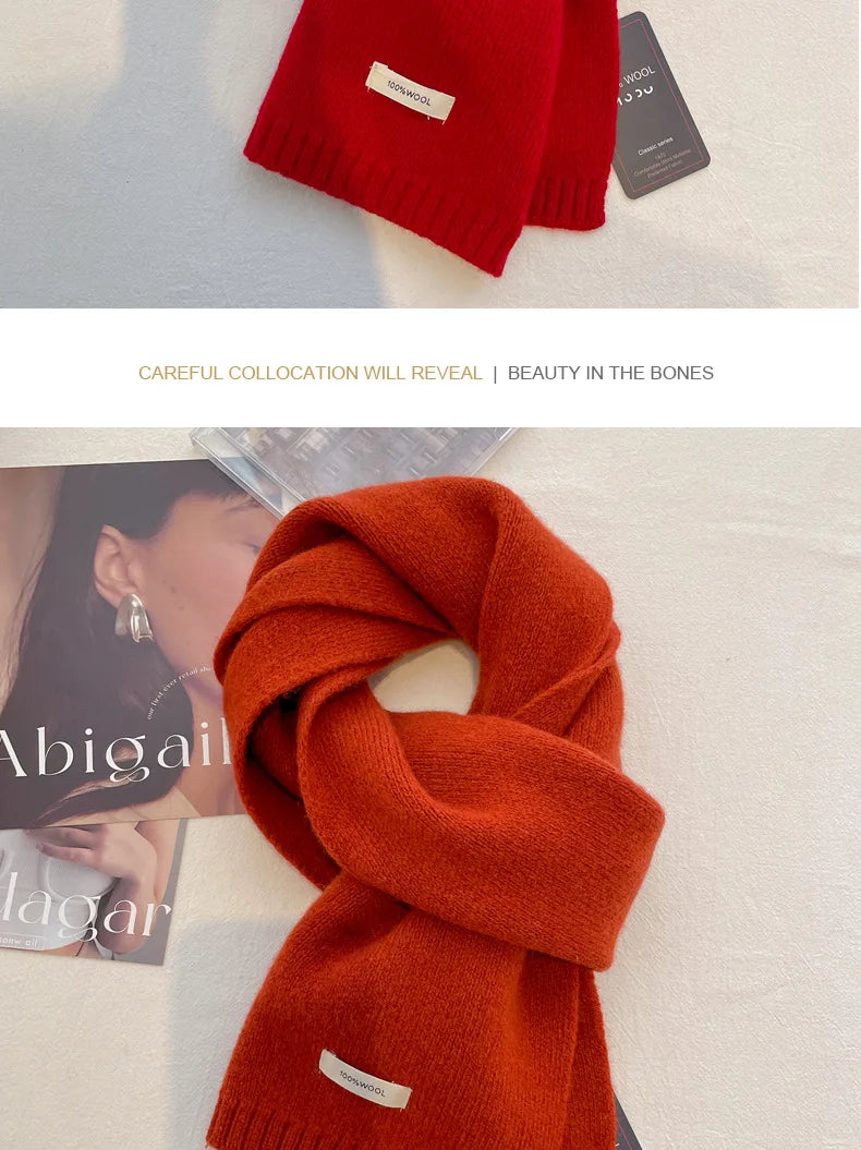 High Quality 100% Wool Scarf Men Women Winter Autumn Solid Color Couple Muffler Simple Warm Versatile Knitted Scarf Male Female