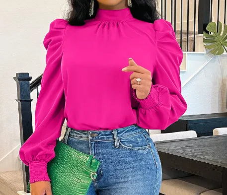 Elegant Blouse for Women Autumn/winter Mock Neck Shirred Puff Sleeve Top Loose Fit Shirt New In Office Lady Pullover Work Blouse
