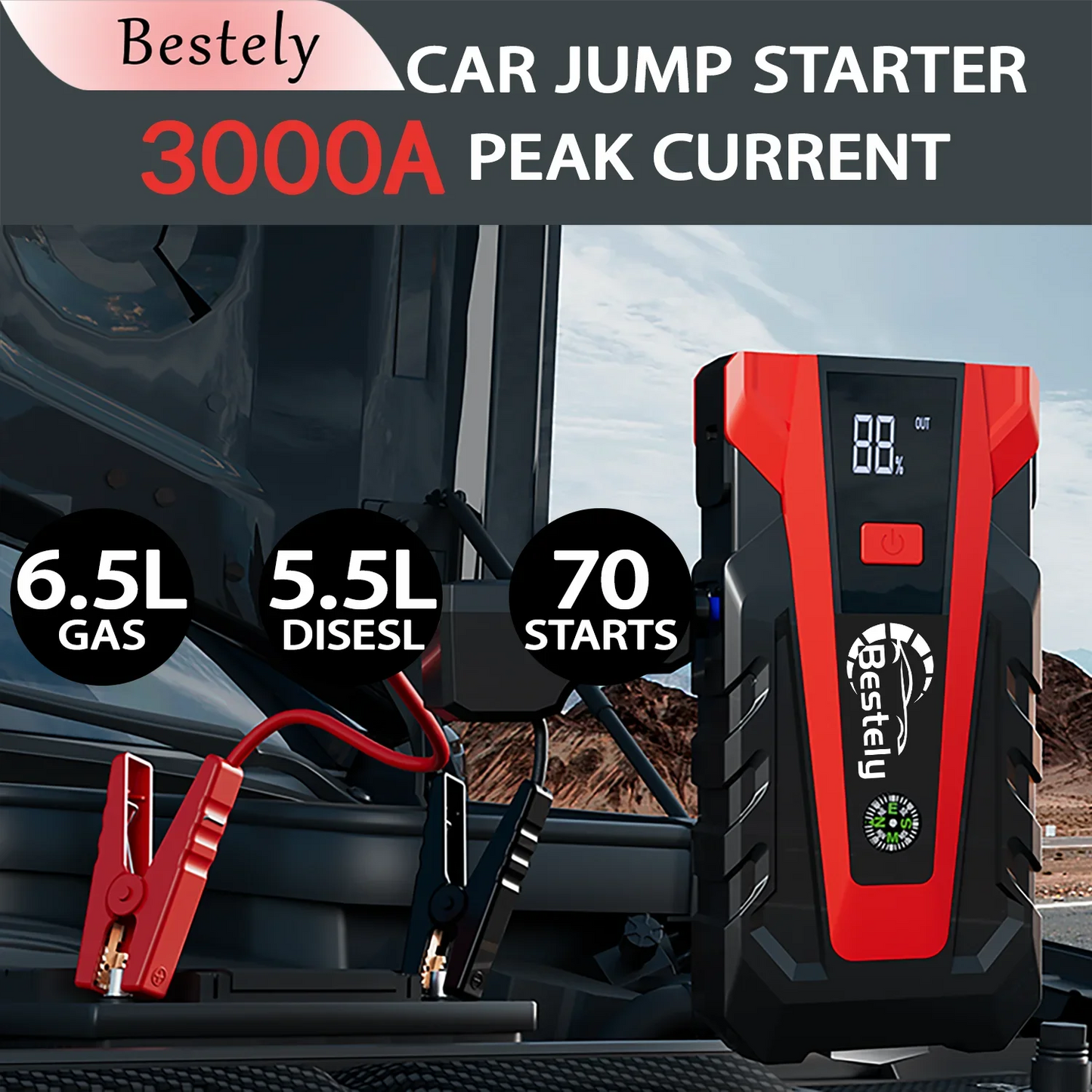 Latest 12v Car Battery Jump Starter,3000A Peak Jump Starter Battery Pack,Portable Jump Box with Full LCD Screen & LED Light &USB