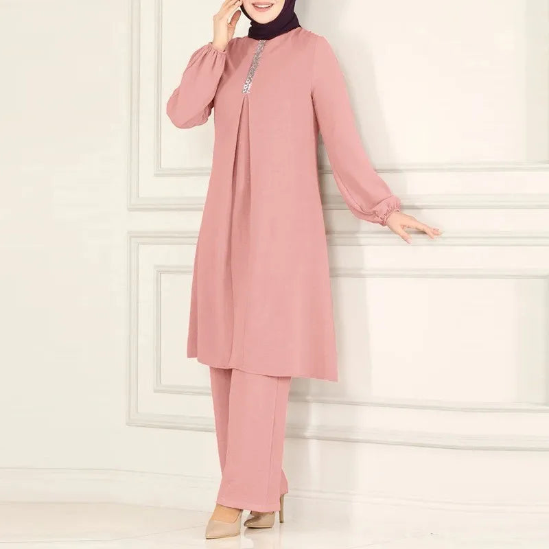 Islamic Fashion Clothing Suits for Women Spring Autumn Solid Color Elegant Abaya Long-sleeved Shirt Loose Wide-leg Pant Muslim