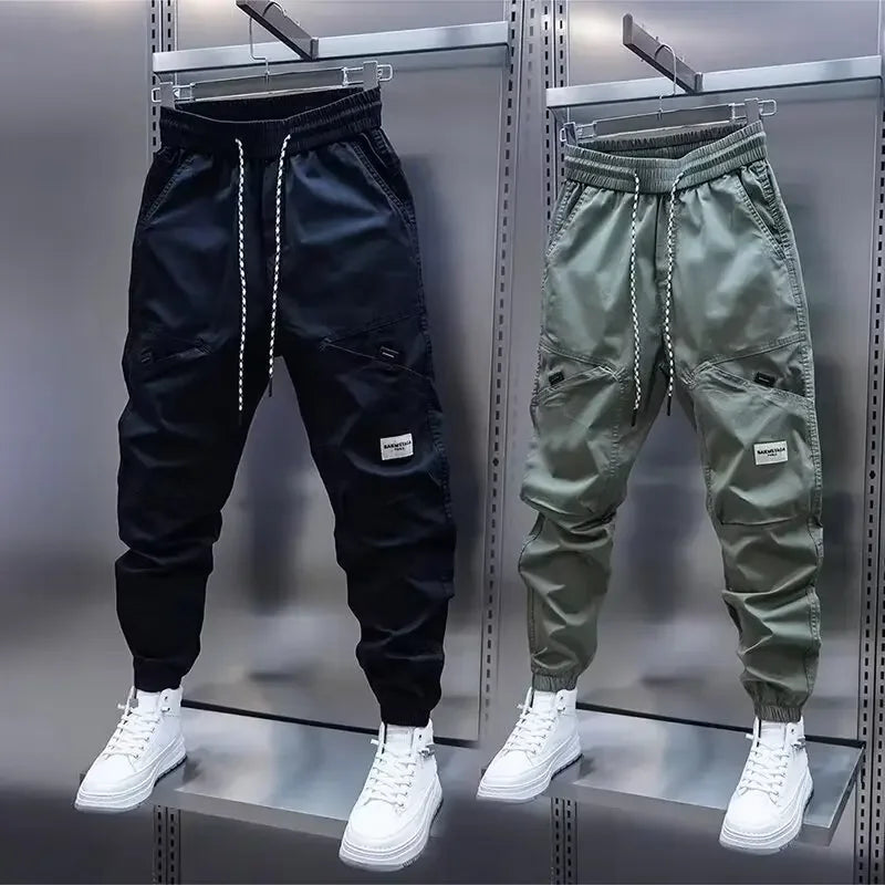 2024 Men's Autumn New Casual Pants Solid Color Elastic Waist Ankle Length Versatile Korean Style Fashionable Small Foot Cargo Pa