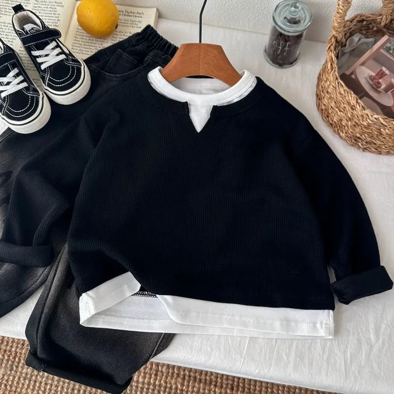 Babys Boys Waffle Grid Long Sleeved V-neck T-shirt Spring Autumn 2025 Pullover Cotton Hoodie Kids Handsome Fake Two Items Tops