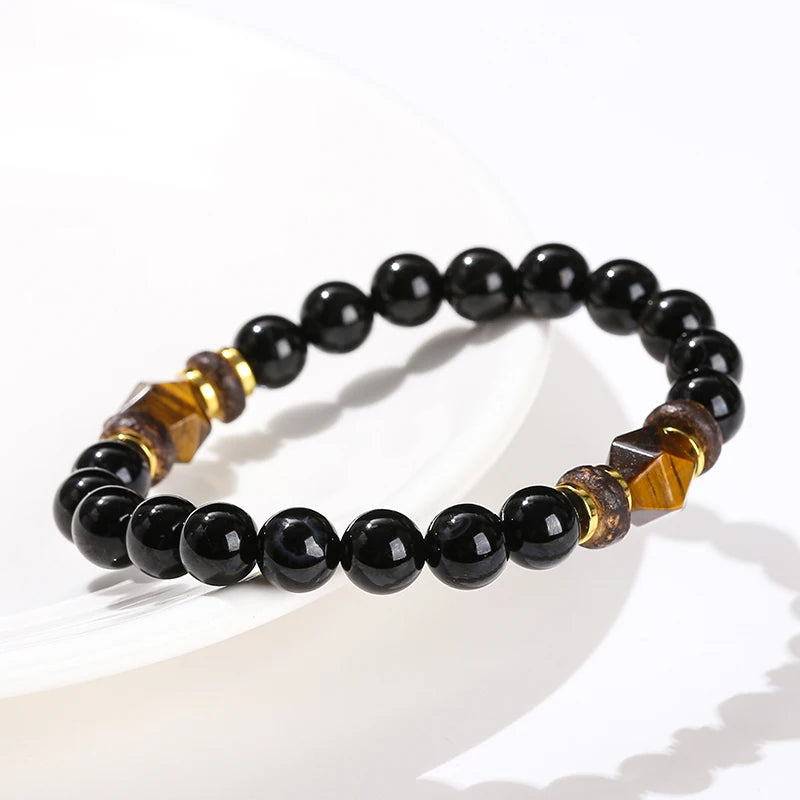 JD Natural Stone Black Agate Yellow Tiger Eye Faceted Bead Strand Bracelet Women Men Bohe Style Yoga Healing Energy Jewelry