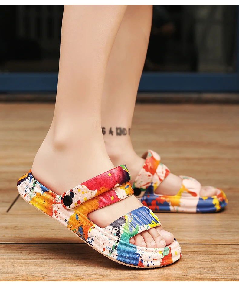2024 New Thick-soled EVA Cave Shoes Women's Summer Wear Non-slip Beach Soft-soled Semi-Slippers Fashion Printed Sandals