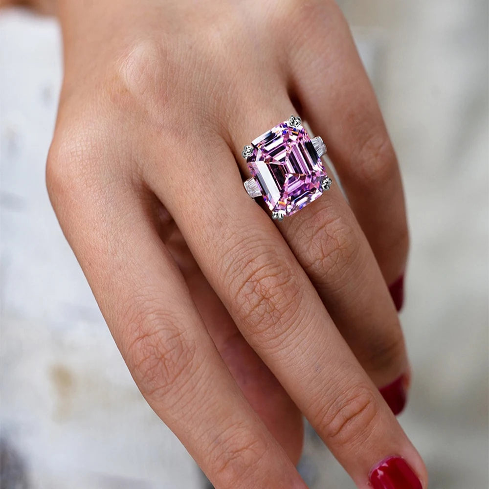 New Simple Shiny Big Rectangle Zircon Women Rings White/Pink Stones Available Bridal Wedding  Top Quality Noble Lady