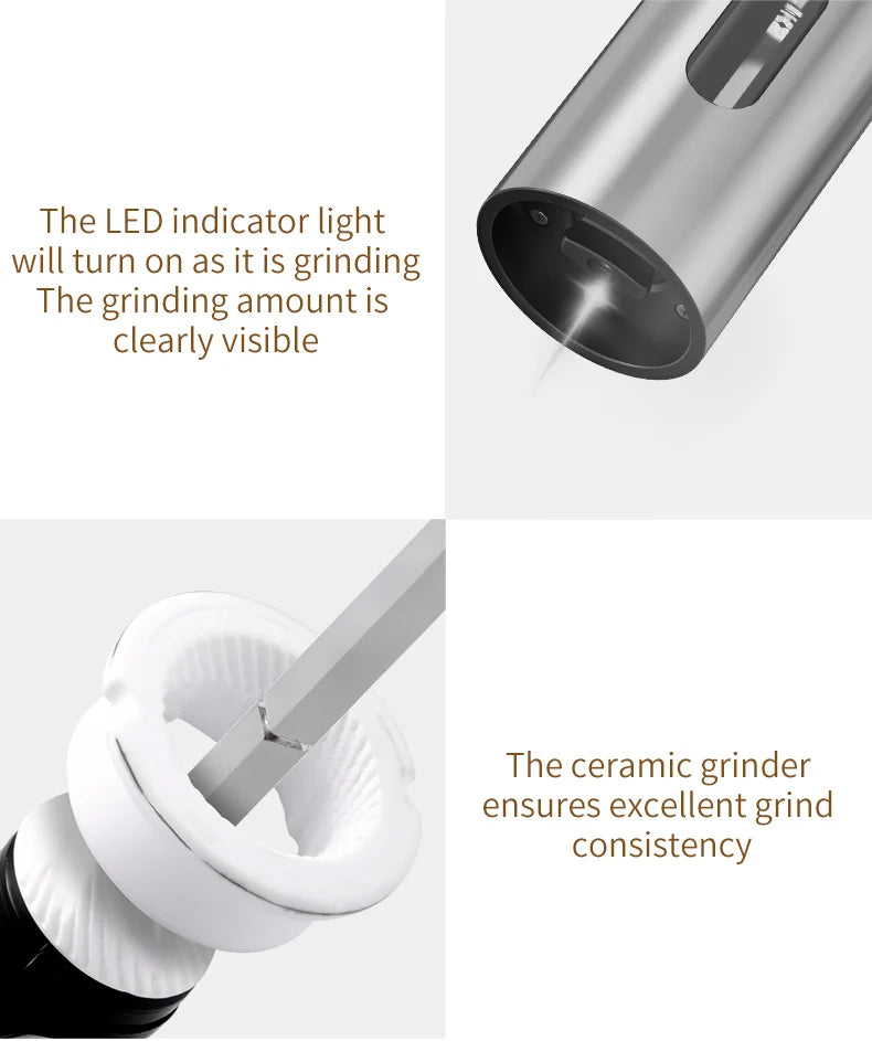Rechargeable Electric Salt and Pepper Grinder Set Stainless Steel Pepper Mills Adjustable Coarseness Power Grinder Kitchen Tools