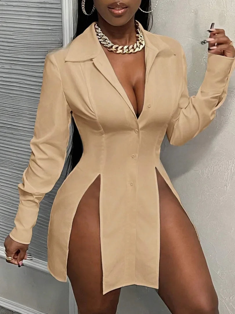 Fashionable Casual Slim Fit Long Sleeve Ladies Shirt Button Placket Split Hem Collared Top Women's Clothing Polyester Cotton