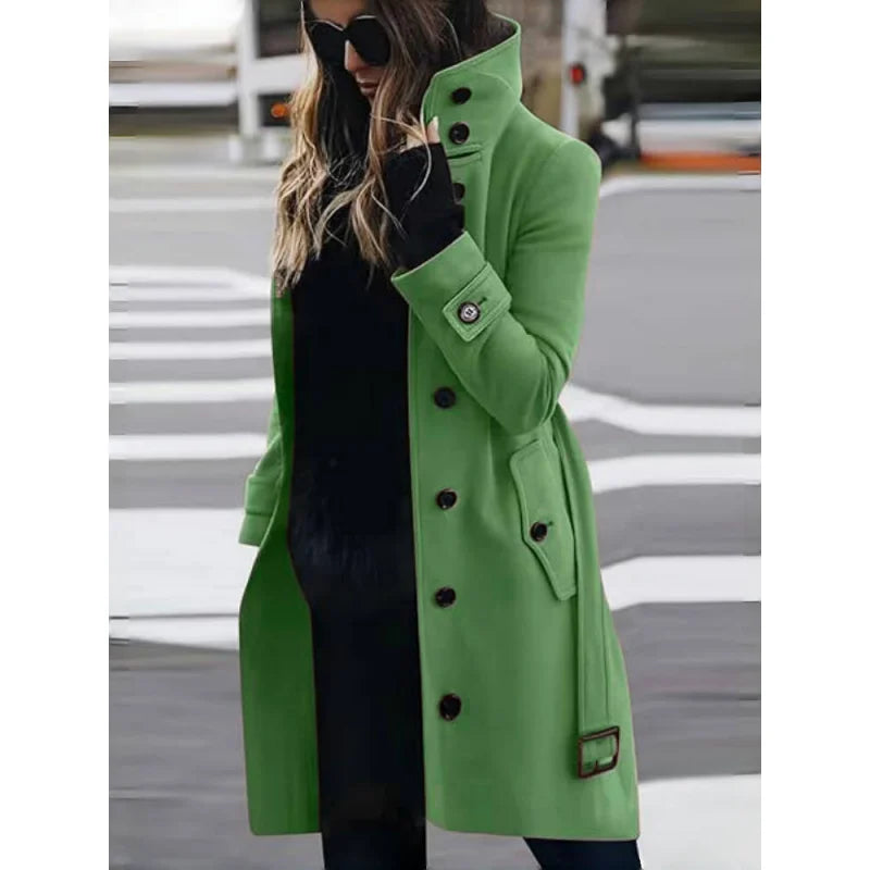 Women's Wool Blend Coat Winter Warm Single Breasted Jacket with Turn-down Collar Long Outerwear Female Clothing
