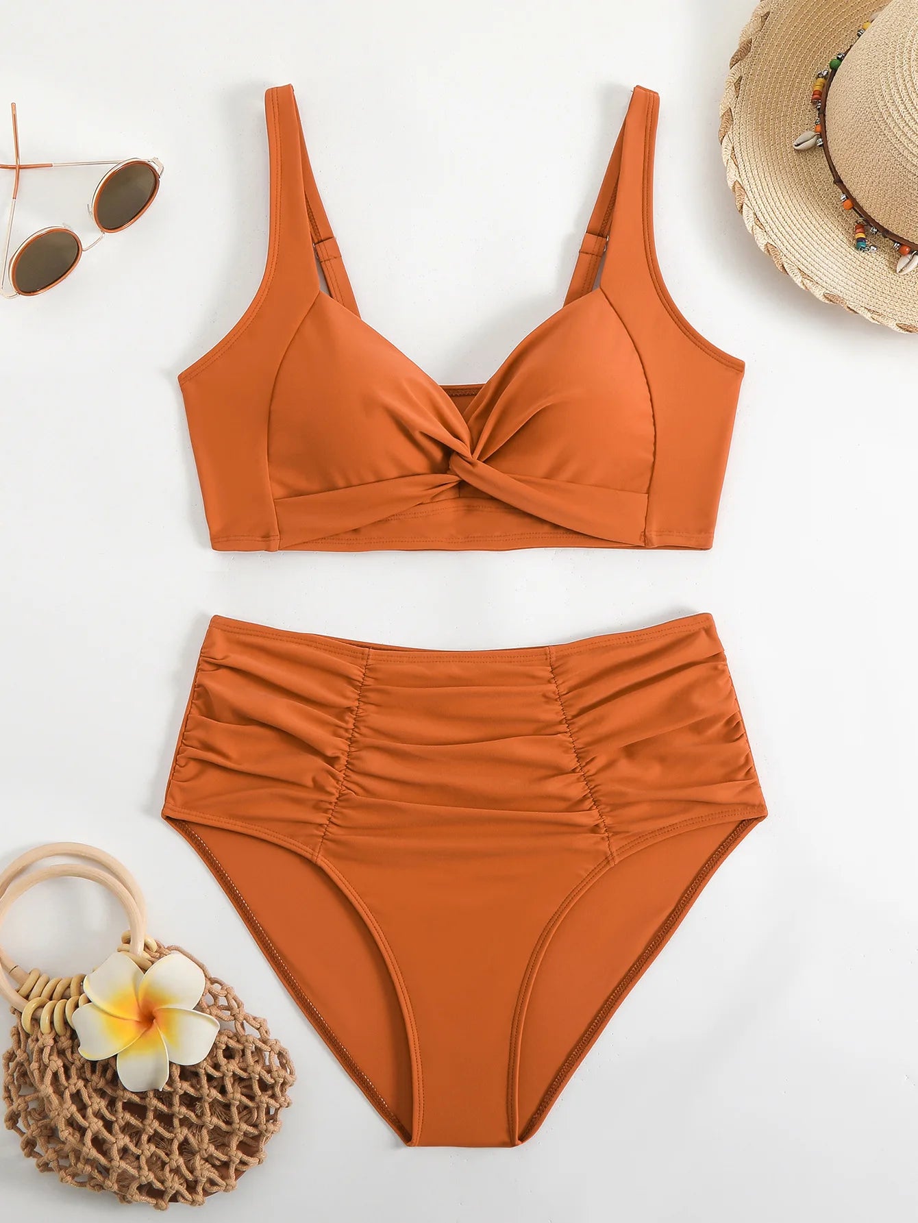 2025 New Summer Sexy High Waist Two-piece Bikini Set Solid Women Sling Swimsuit Cross Gathered Swimwear Tight Beach Bathing Suit