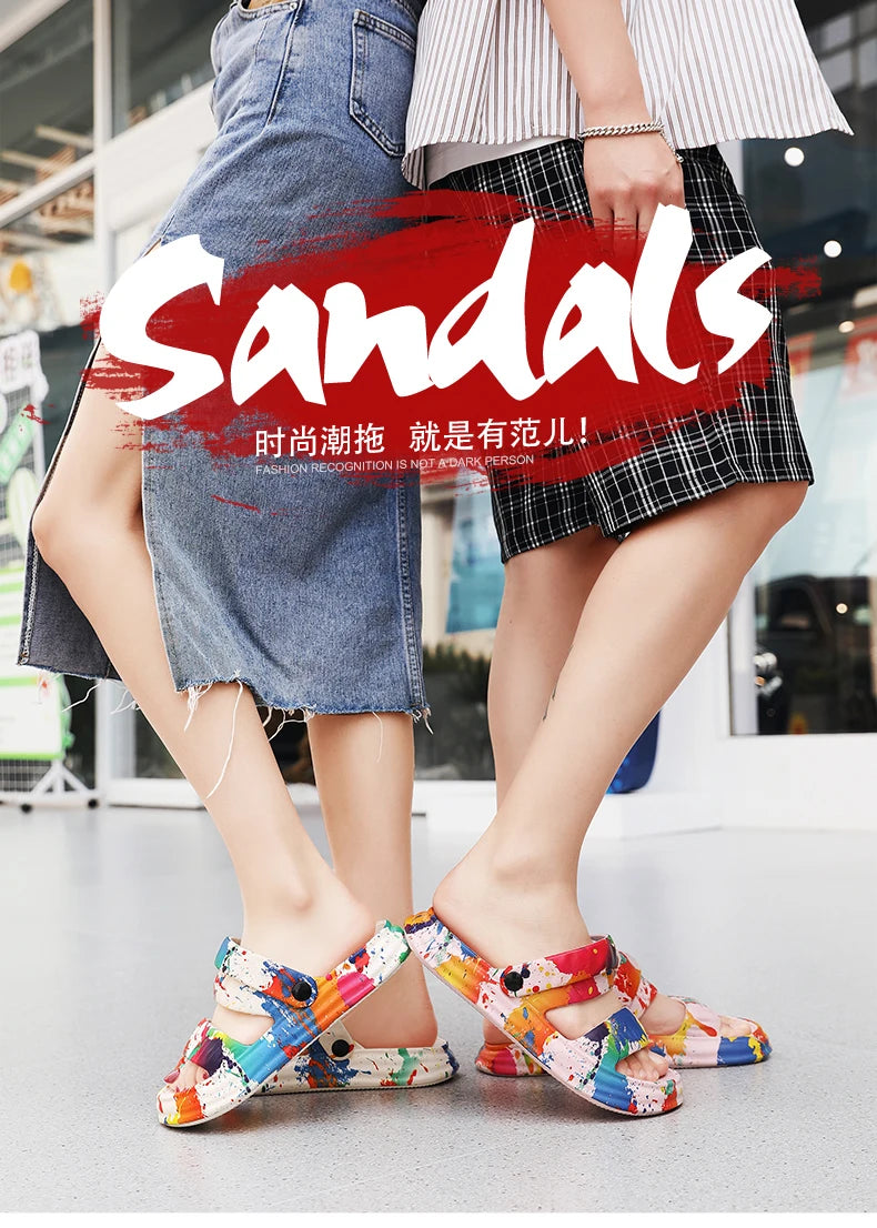 2024 New Thick-soled EVA Cave Shoes Women's Summer Wear Non-slip Beach Soft-soled Semi-Slippers Fashion Printed Sandals