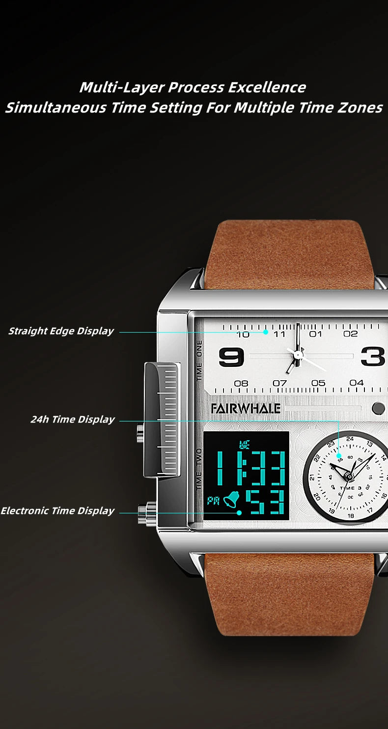 Mark Fairwhale 4270 Retro Square Men's Electronic Digital Dual Display Waterproof Night Light Leisure Men's Clock reloj hombre