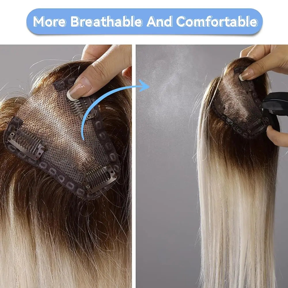 100% Real Human Hair Toppers for Women Ombre Brown Blonde Hair Topper 3.5*4 inch Lace Base Clip in Hair Extensions for Hair Loss