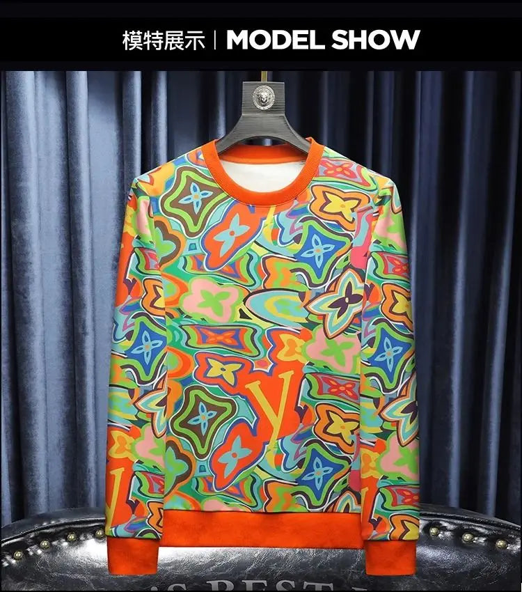 European and American fashion new trendy men's color hot stamping casual sweater light luxury handsome high-end versatile top