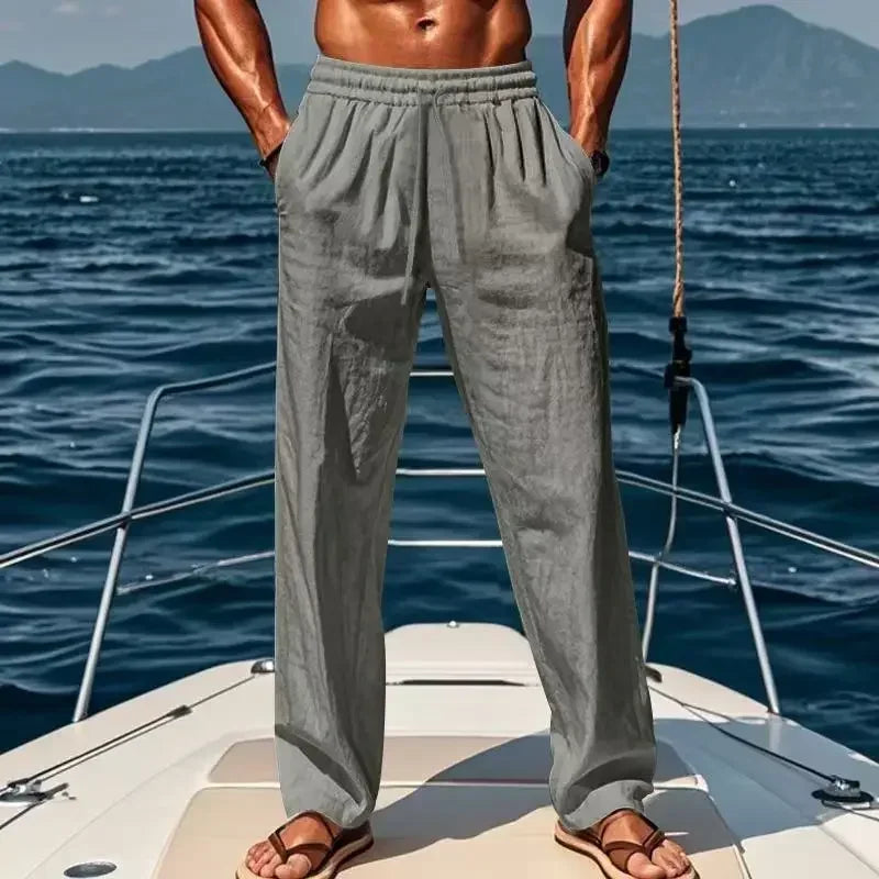 Spring and summer new men's solid-color cotton and linen casual long pants, Hawaiian beach loose sports and breathable street pa