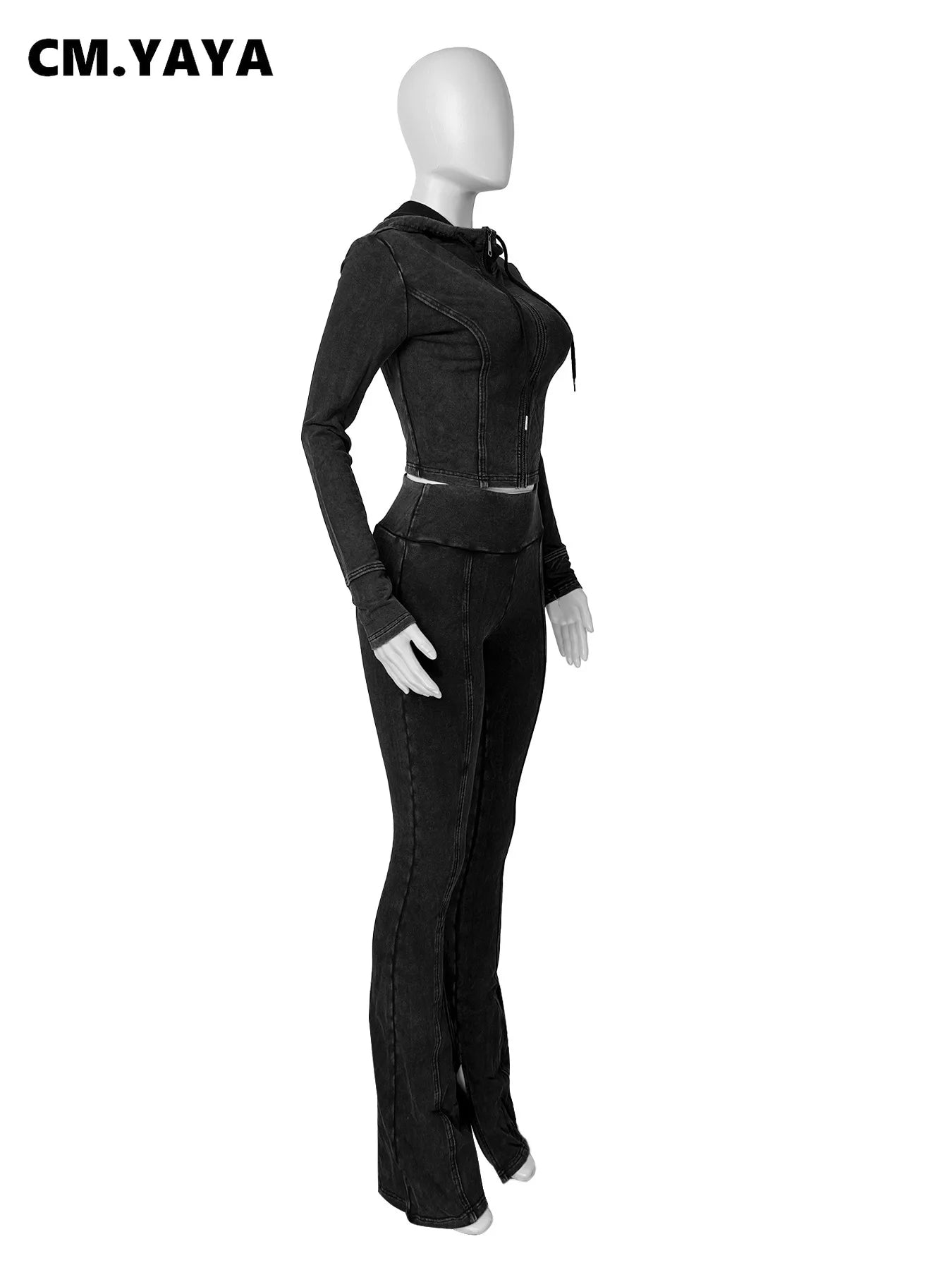 CM.YAYA Fashion Women's Set Long Sleeve Hooded Jacket and Slit Hem Flare Pants 2024 Fitness Two 2 Piece Set Outfits Tracksuit
