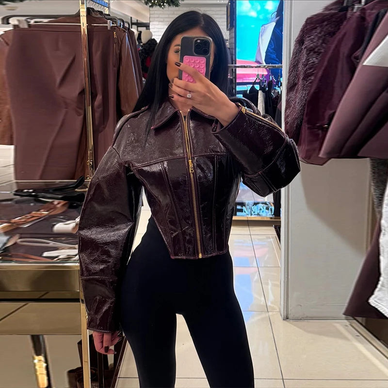 Fashion Lapel Leather Jacket Women's Full Sleeve Slim Solid Zippers Coat 2026 Spring New Lady Edgy Casual High Street Outerwear