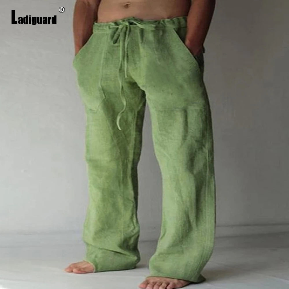 Plus Size 5xl Mens Loose Pants 2025 Summer Casual Linen Pants Male Fashion Print Trouser Men Patchwork Drawstring Leisure Pant