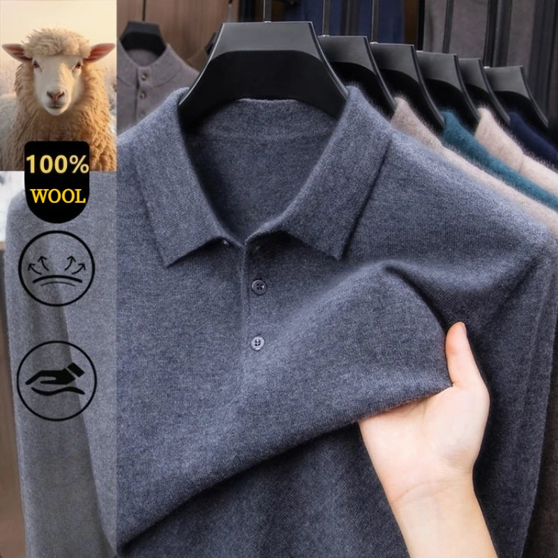 100% Australian Merino Wool Sweater, 360g Thickened Anti-Pilling, Polo Collar Gold Quality Pullover