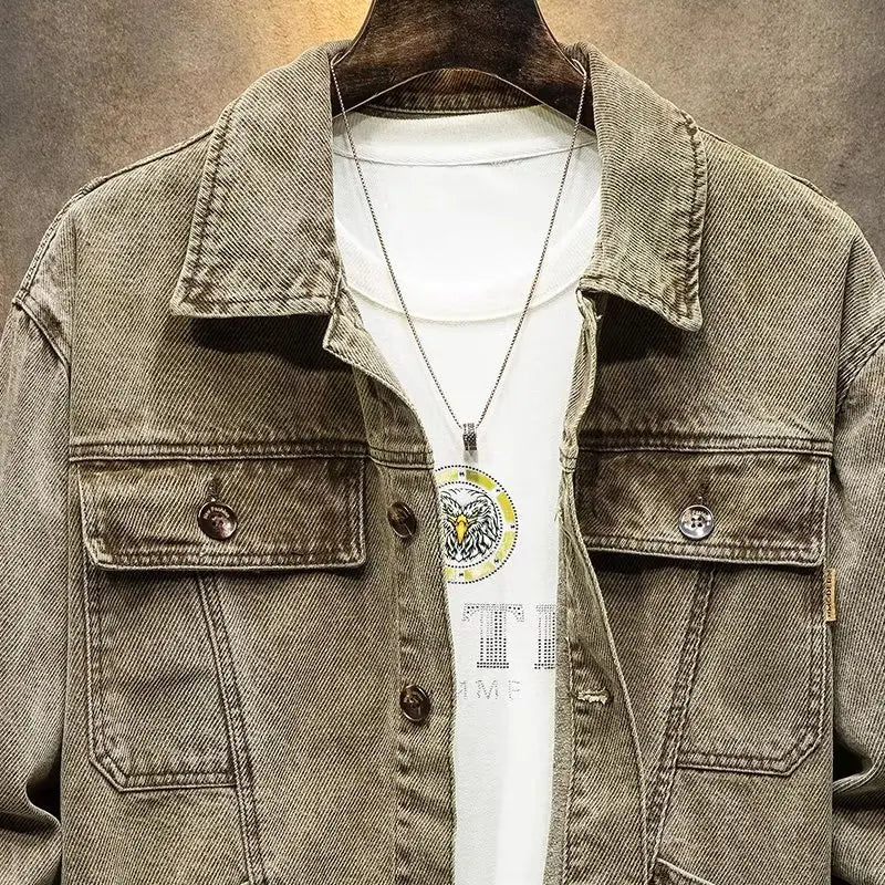 Stylish Versatile Men's Denim Jacket Autumn Spring Trendy Korean Version Casual Long Sleeve Standard Fit Outerwear Coat