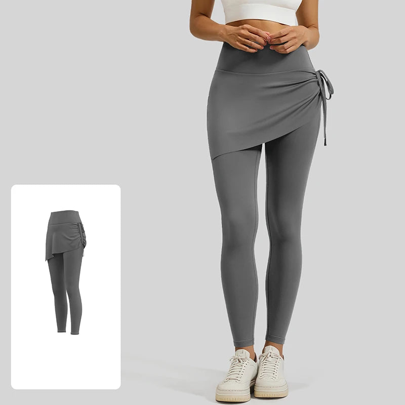 BIVIGAOS New Spring Drawstring Pleated Yoga Leggings Skirt Pants Fake Two Piece Women High Waist Elastic Sports Fitness Leggings