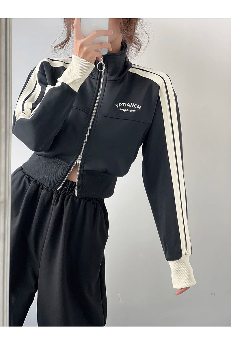 [YOZOU] Spring Double Zipper Baseball Cropped Jacket Women Outerwear Embroidered Striped Green Black White Blue Zip Up Coat