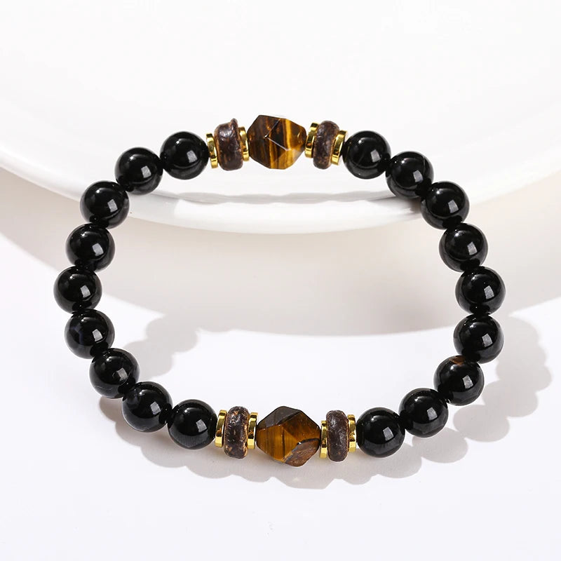 JD Natural Stone Black Agate Yellow Tiger Eye Faceted Bead Strand Bracelet Women Men Bohe Style Yoga Healing Energy Jewelry