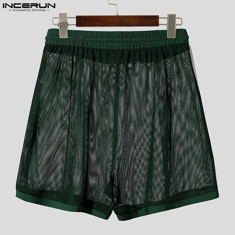 INCERUN Men Shorts Mesh Patchwork Drawstring Loose Transparent Male Shorts Streetwear Summer 2025 Sexy Vacation Men Bottoms
