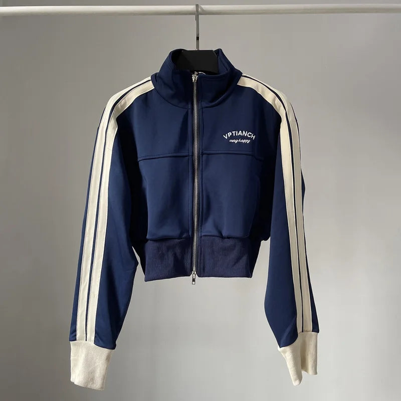 [YOZOU] Spring Double Zipper Baseball Cropped Jacket Women Outerwear Embroidered Striped Green Black White Blue Zip Up Coat